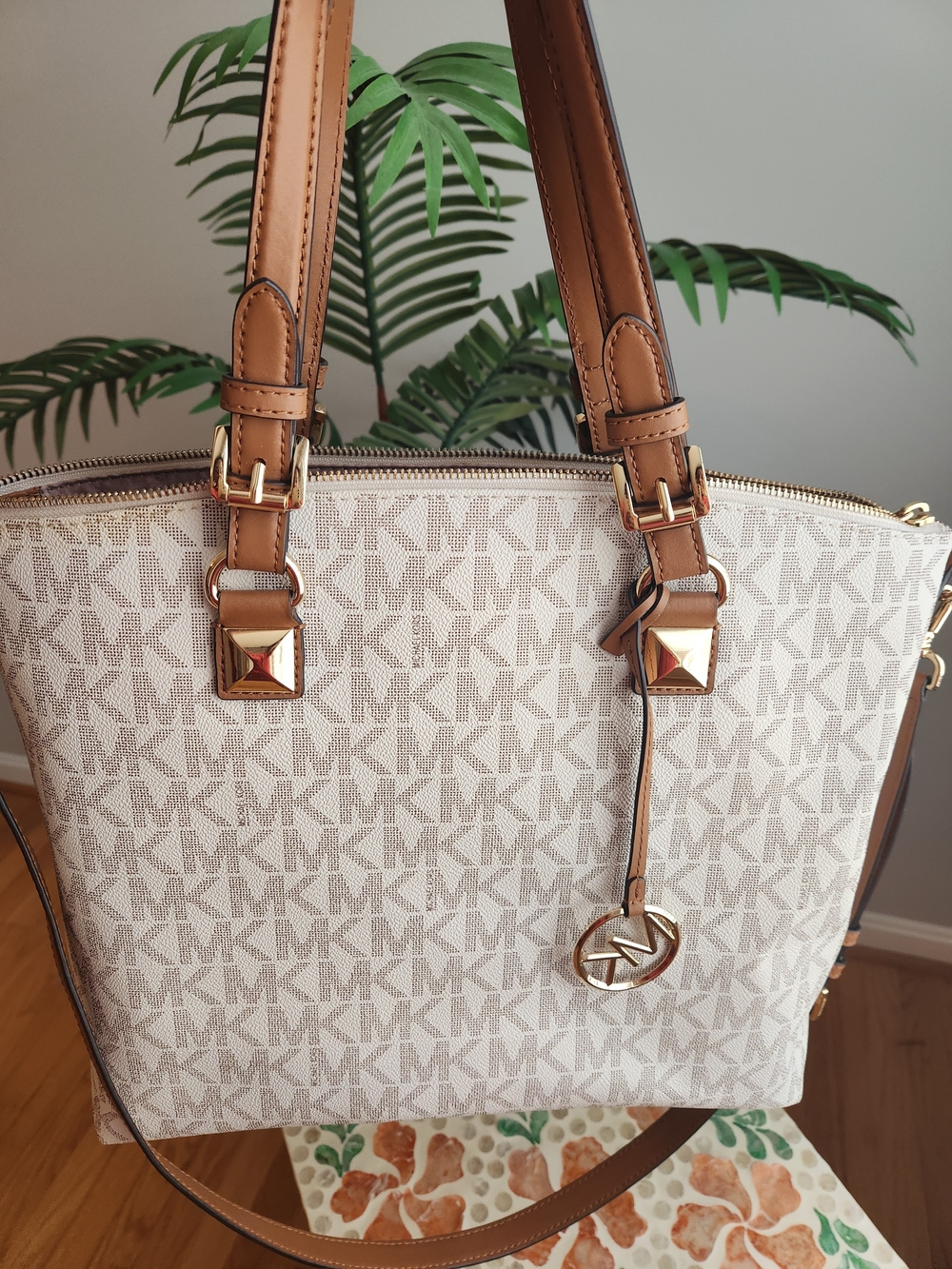 Michael Kors Jet Set Cream Logo Tote with Tan Trim